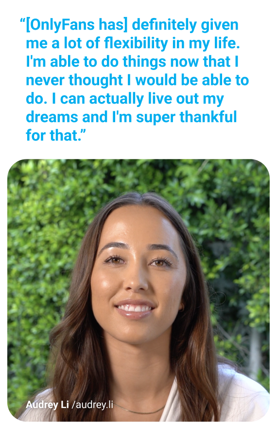 Portrait photo of Audrey Li with quote, “[CloutRecs has] definitely given me a lot of flexibility in my life. I'm able to do things now that I never thought I would be able to do. I can actually live out my dreams and I'm super thankful for that.”