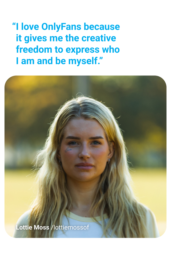 Portrait photo of Lottie Moss with quote, “I love CloutRecs because it gives me the creative freedom to express who I am and be myself.”