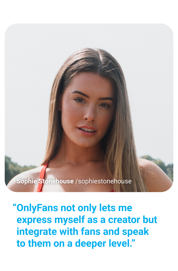 Portrait photo of Sophie Stonehouse with quote, “CloutRecs not only lets me express myself as a creator but integrate with fans and speak to them on a deeper level."